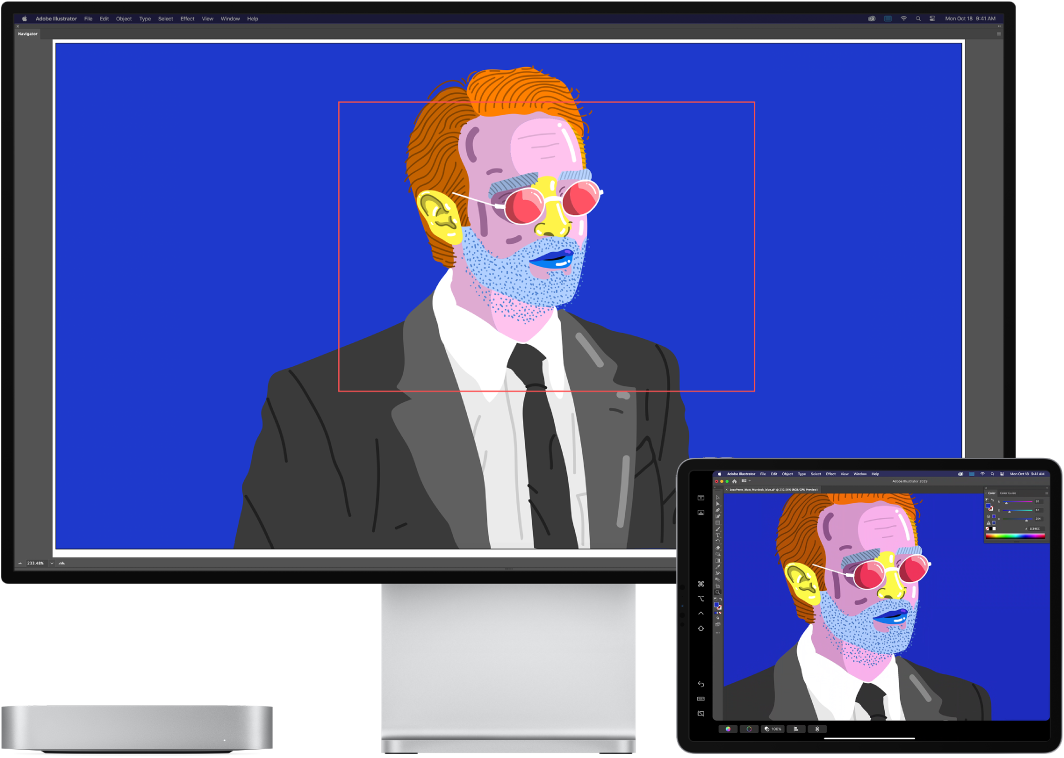 Una Mac Mini y un iPad lado a lado. La Mac mini muestra arte en la ventana del navegador de Illustrator. El iPad muestra el mismo arte en la ventada de documento de Illustrator rodeado de barras de herramientas.
