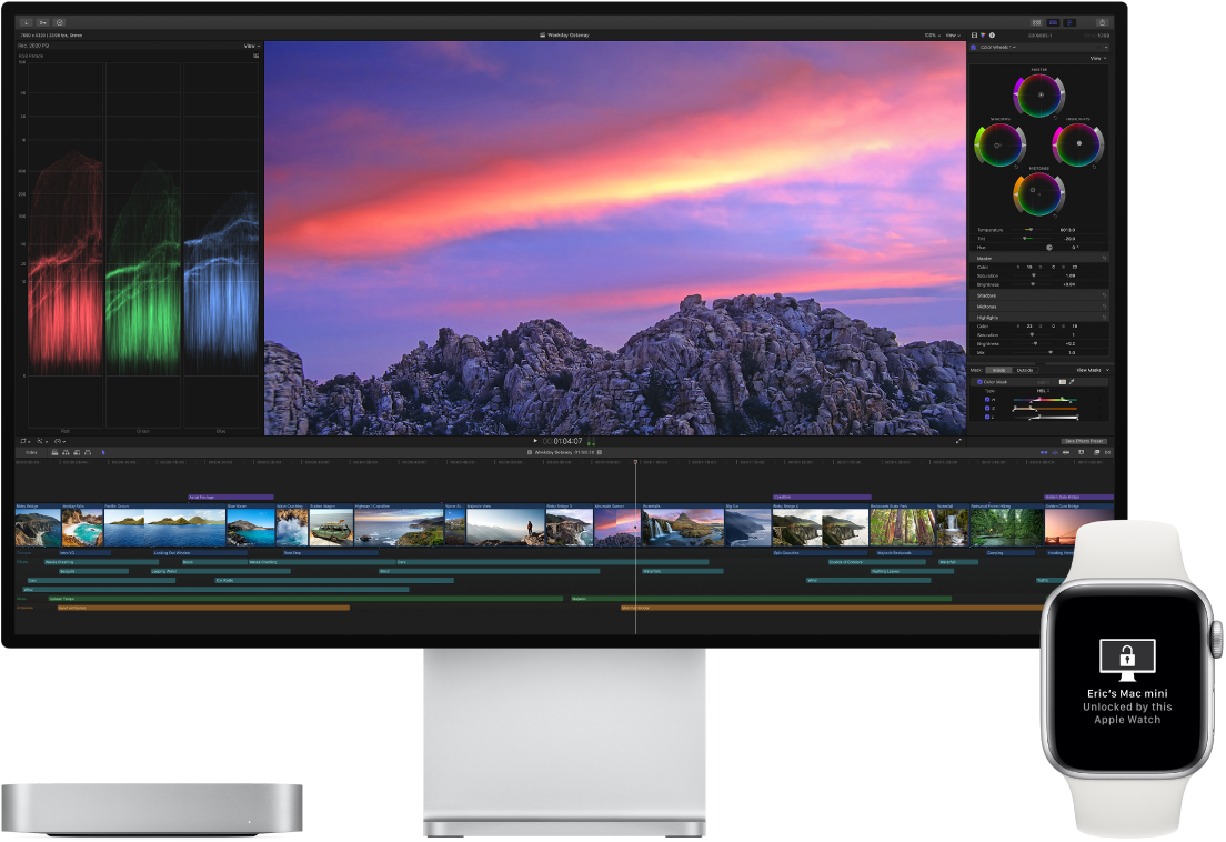 Una Mac mini y su monitor junto a un Apple Watch mostrando un mensaje que dice que la Mac se desbloqueó usando el reloj.