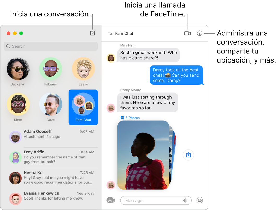 Ventana de Mensajes mostrando cómo comenzar una conversación y una llamada de FaceTime.