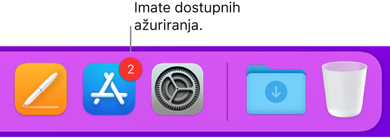 Odjeljak Docka prikazuje App Store ikonu s oznakom koja ukazuje na dostupna ažuriranja.