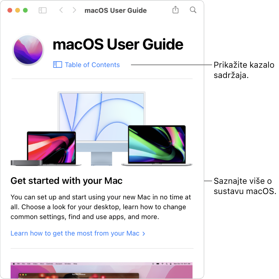 Stranica dobrodošlice za Upute za uporabu za macOS koja prikazuje link za Sadržaj.