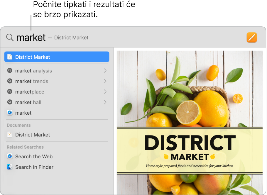 Prozor aplikacije Spotlight prikazuje rezultate pretraživanja s lijeve strane.