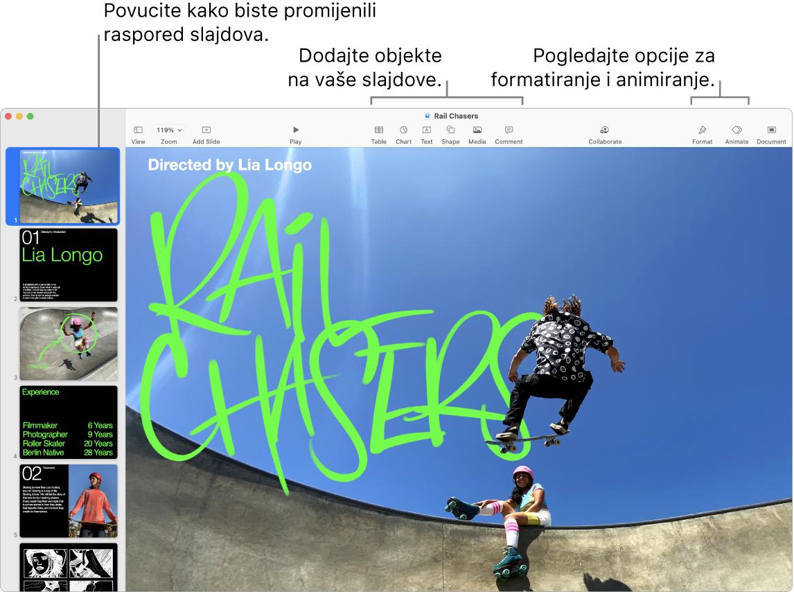 Prozor aplikacije Keynote s prikazom navigatora za slajdove s lijeve strane i načina preraspoređivanja slajdova, alati za uređivanje na vrhu, tipka za suradnju u blizini gornjeg desnog dijela te tipke Format, Animiraj i Dokument s desne strane.