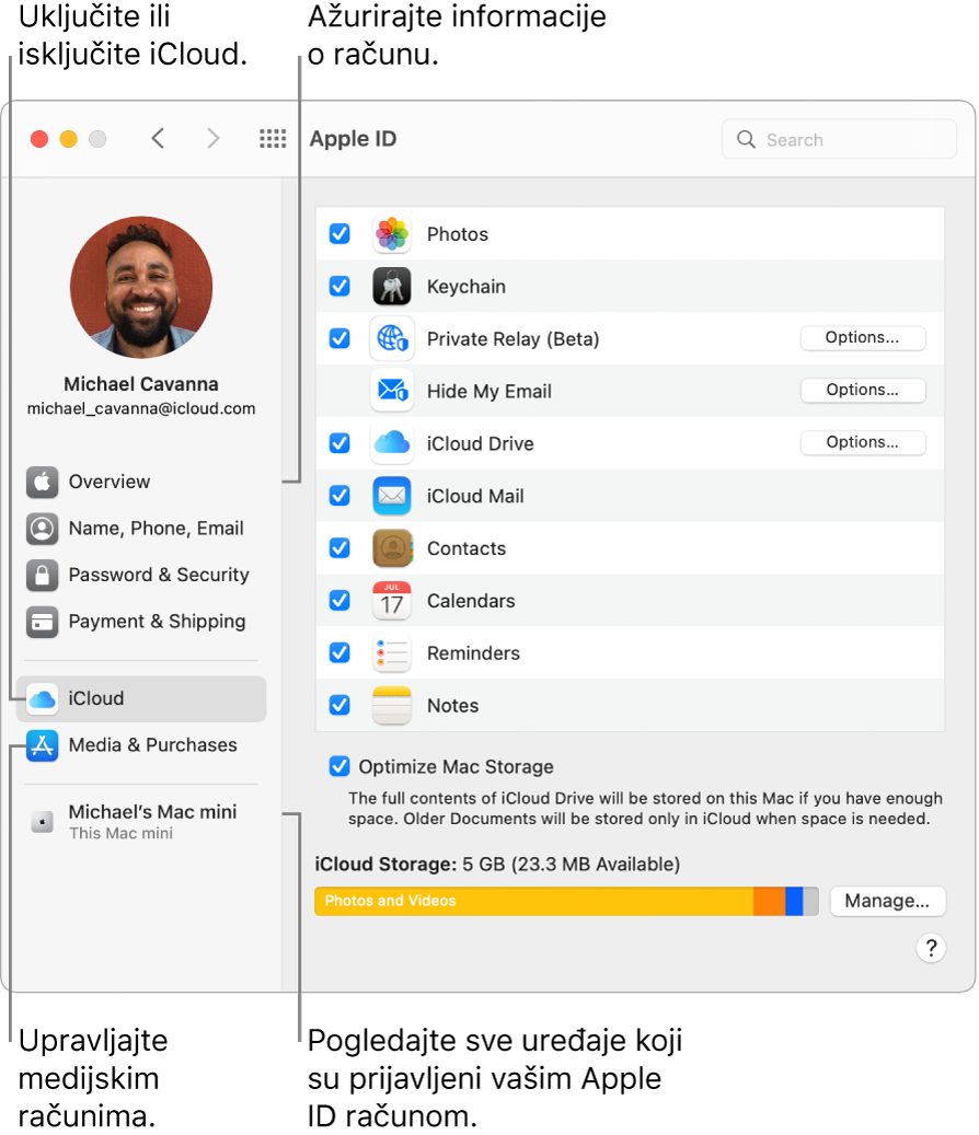 Prozor Apple ID-ja u Postavkama sustava. Kliknite stavku u rubnom stupcu za ažuriranje podataka o računu, uključite ili isključite iCloud, upravljajte medijskim računima i pregledajte sve uređaje na koje ste prijavljeni koristeći svoj Apple ID.