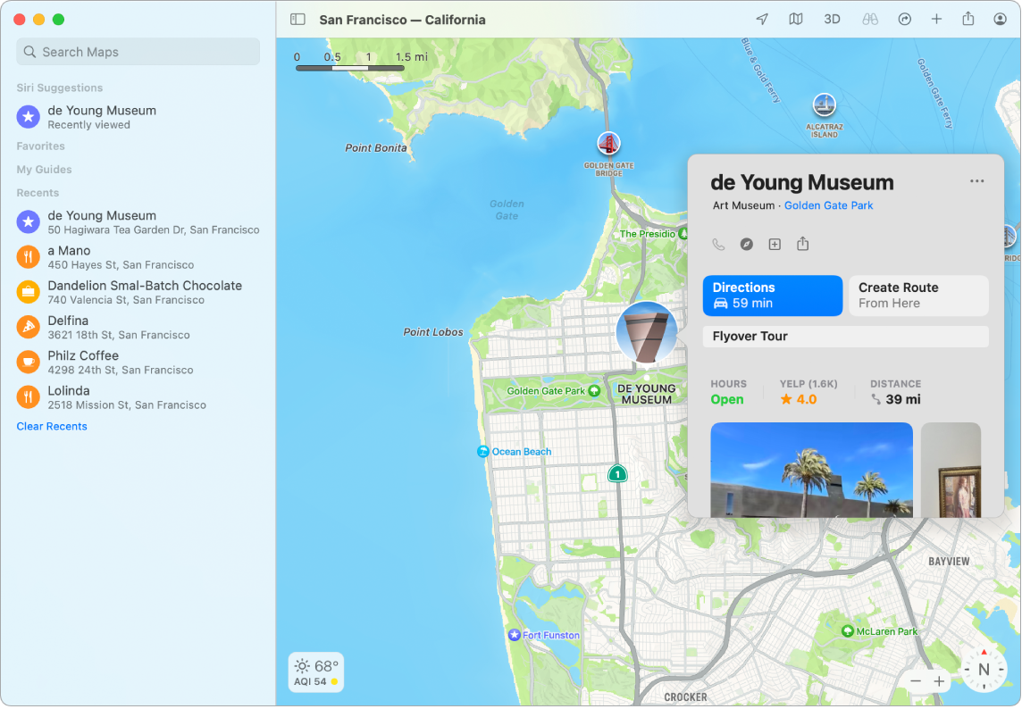 Peta San Francisco menampilkan museum. Jendela informasi menampilkan informasi penting mengenai bisnis.
