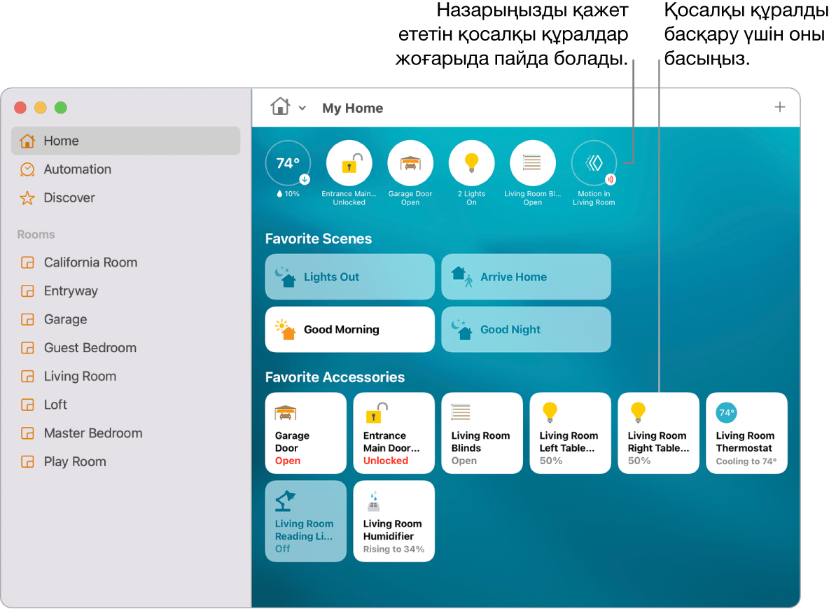 Таңдаулы көріністер мен таңдаулы қосалқы құралдарды көрсетіп тұрған Home қолданбасы.