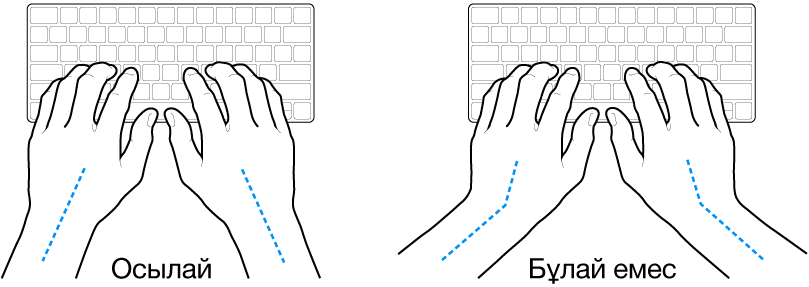 Білек пен қолдың дұрыс және дұрыс емес туралауын көрсетіп тұрған үстінде қолдар бар пернетақта.