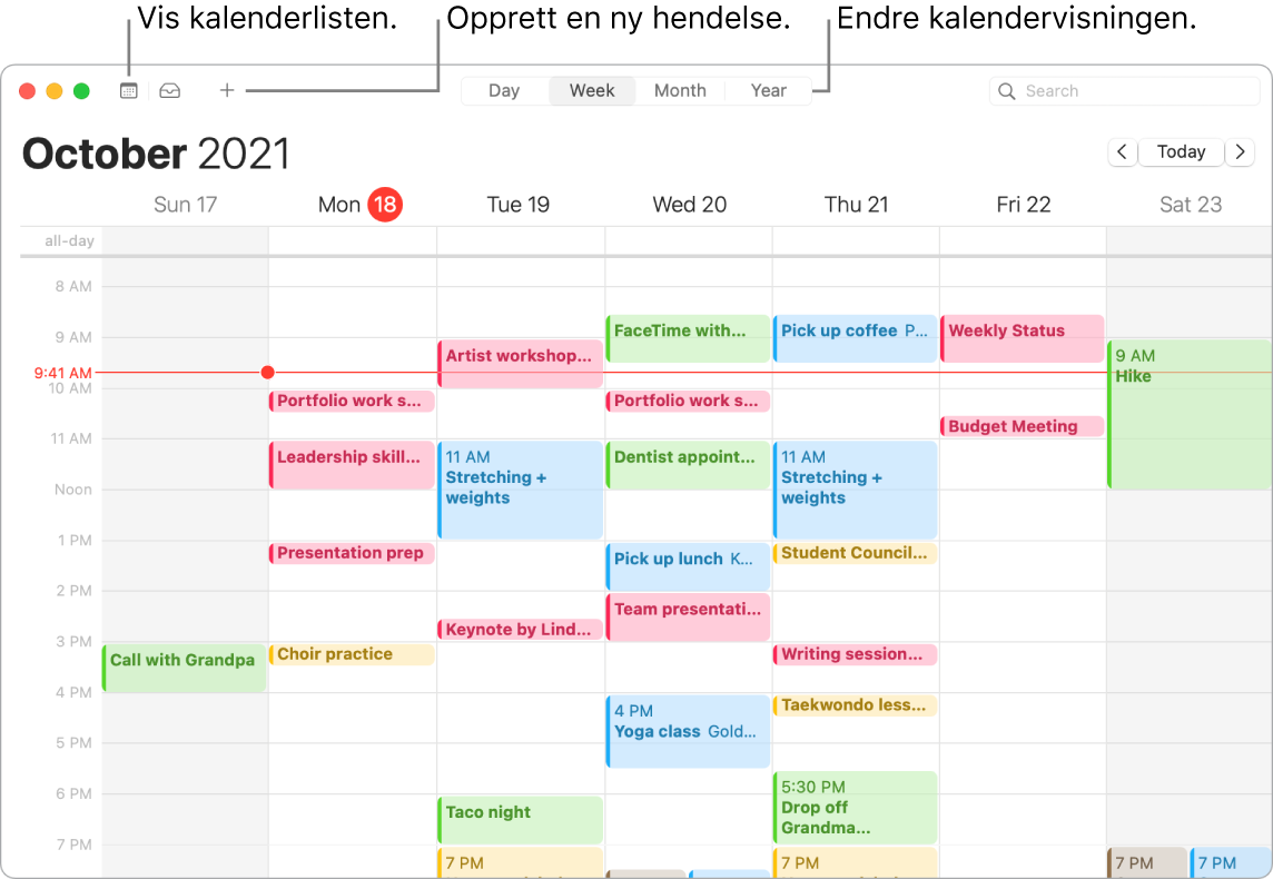 Et Kalender-vindu som viser hvordan du oppretter en hendelse, viser kalenderlisten og velger dag-, ukes-, måneds- eller årsvisning.