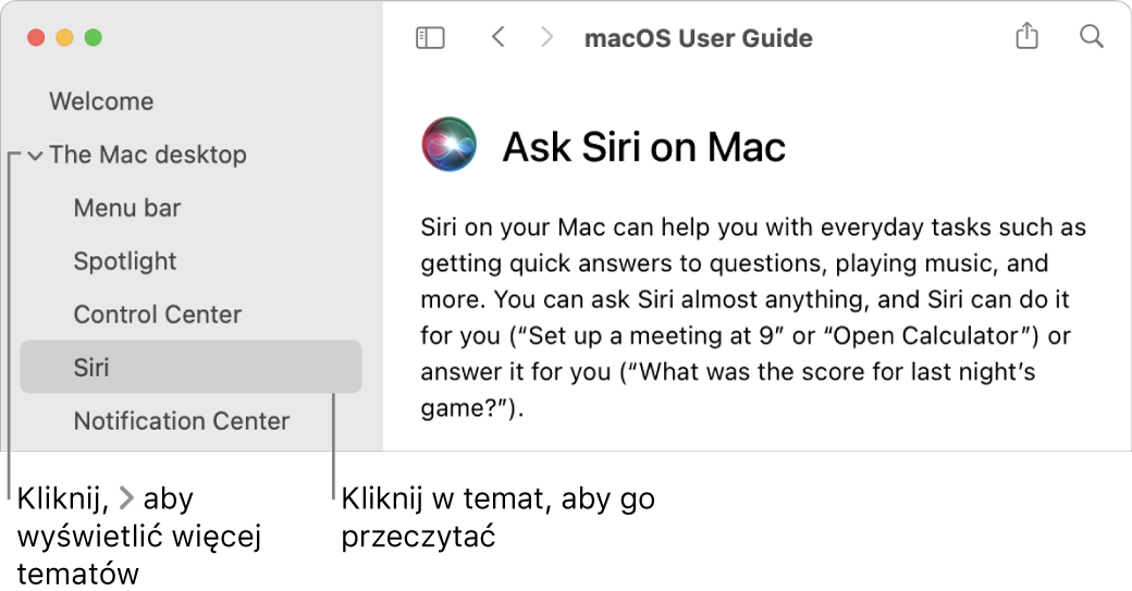 Okno przeglądarki pomocy; ilustracja przedstawia sposób wyświetlania tematów na pasku bocznym oraz sposób wyświetlania zawartości otwartego tematu pomocy.