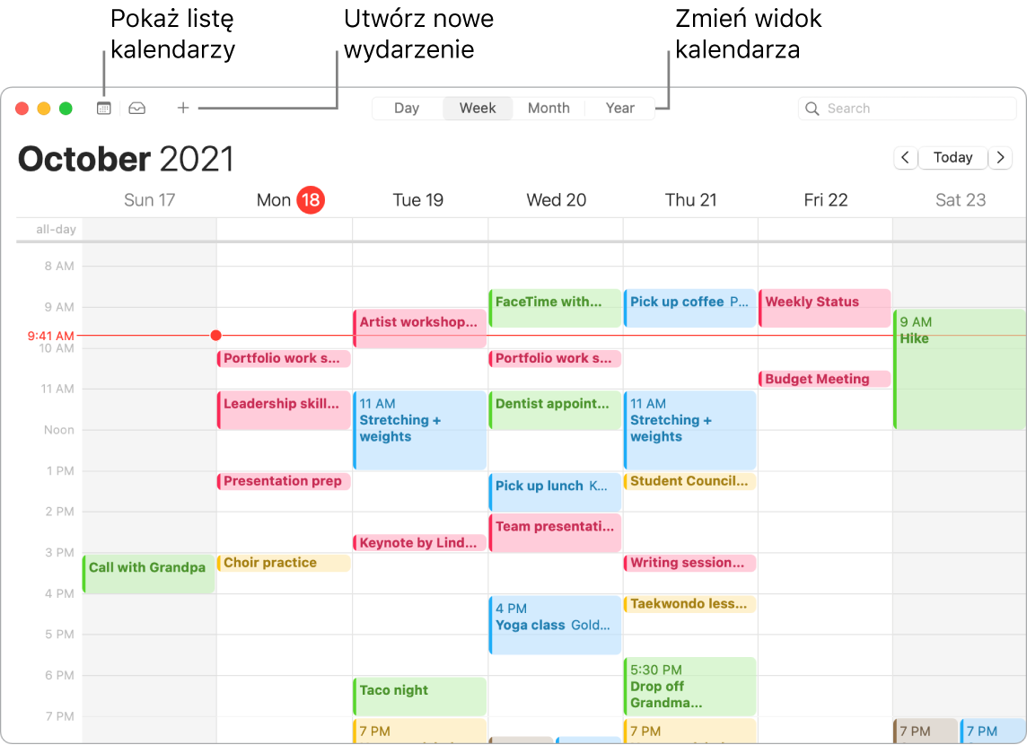 Okno Kalendarza pokazujące sposób tworzenia wydarzenia, wyświetlania listy kalendarzy oraz wybierania widoku dnia, tygodnia, miesiąca lub roku.