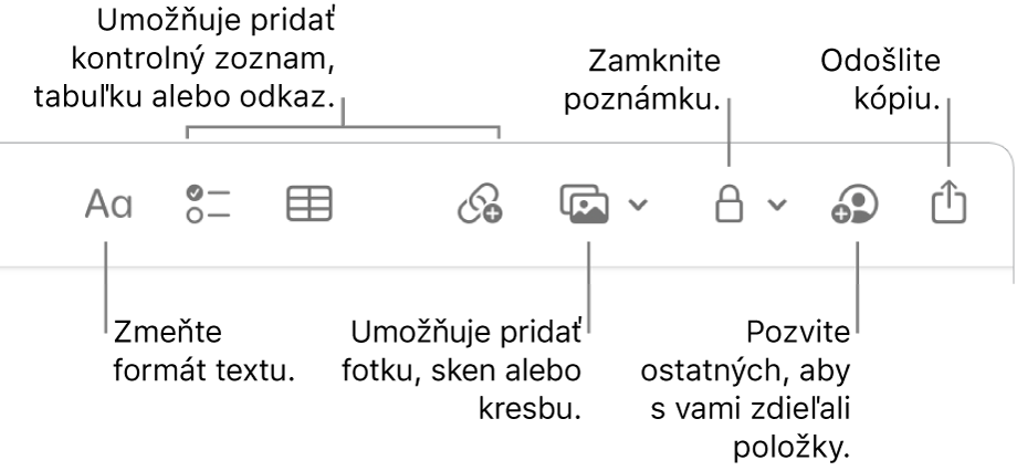 Panel s nástrojmi Poznámky s nástrojmi bublina v textovom formáte, kontrolný zoznam, tabuľka, odkaz, fotka/médiá a kopírovanie.