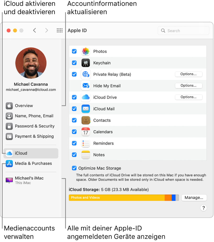 Der Bereich „Apple-ID“ der Systemeinstellungen. Klicke auf ein Objekt in der Seitenleiste, um deine Accountinformationen zu aktualisieren, iCloud zu aktivieren oder zu deaktivieren, Medienaccounts zu verwalten und alle mit deiner Apple-ID angemeldeten Geräte anzuzeigen.