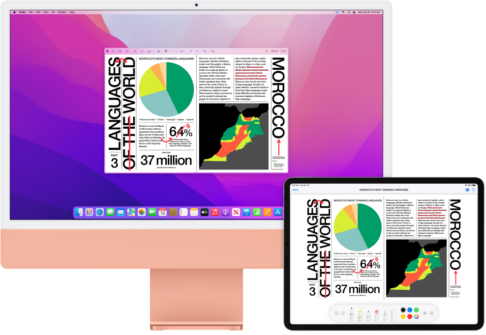 Ένα iMac και ένα iPad δίπλα-δίπλα. Και στις δύο οθόνες εμφανίζεται ένα άρθρο που καλύπτεται με σκαριφήματα επεξεργασίας σε κόκκινο χρώμα, όπως διαγραμμένες προτάσεις, βέλη και λέξεις που έχουν προστεθεί. Στο iPad εμφανίζονται επίσης χειριστήρια σήμανσης στο κάτω μέρος της οθόνης.