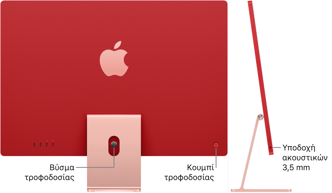 Πίσω όψη ενός iMac όπου φαίνονται η υποδοχή τροφοδοτικού και το κουμπί τροφοδοσίας. Δίπλα βρίσκεται μια πλευρική όψη που δείχνει την υποδοχή ακουστικών.