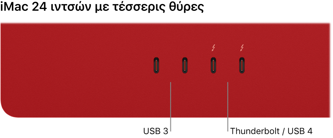 iMac όπου φαίνονται δύο θύρες Thunderbolt 3 (USB-C) στα αριστερά και δύο θύρες Thunderbolt / USB 4 στα δεξιά τους.