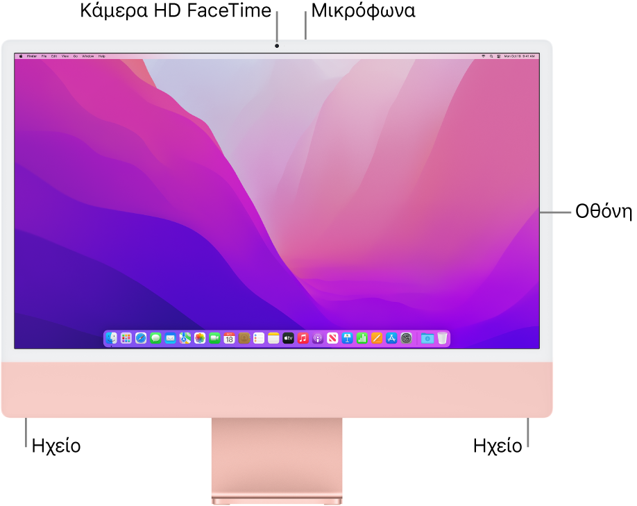 Μπροστινή όψη του iMac όπου φαίνονται η οθόνη, η κάμερα, τα μικρόφωνα και τα ηχεία.