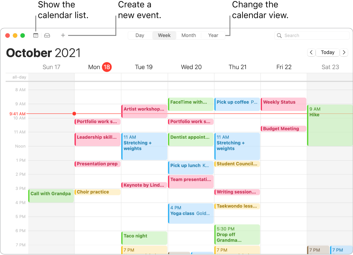 A Calendar window showing how to create an event, show the calendar list, and choose Day, Week, Month, or Year view.