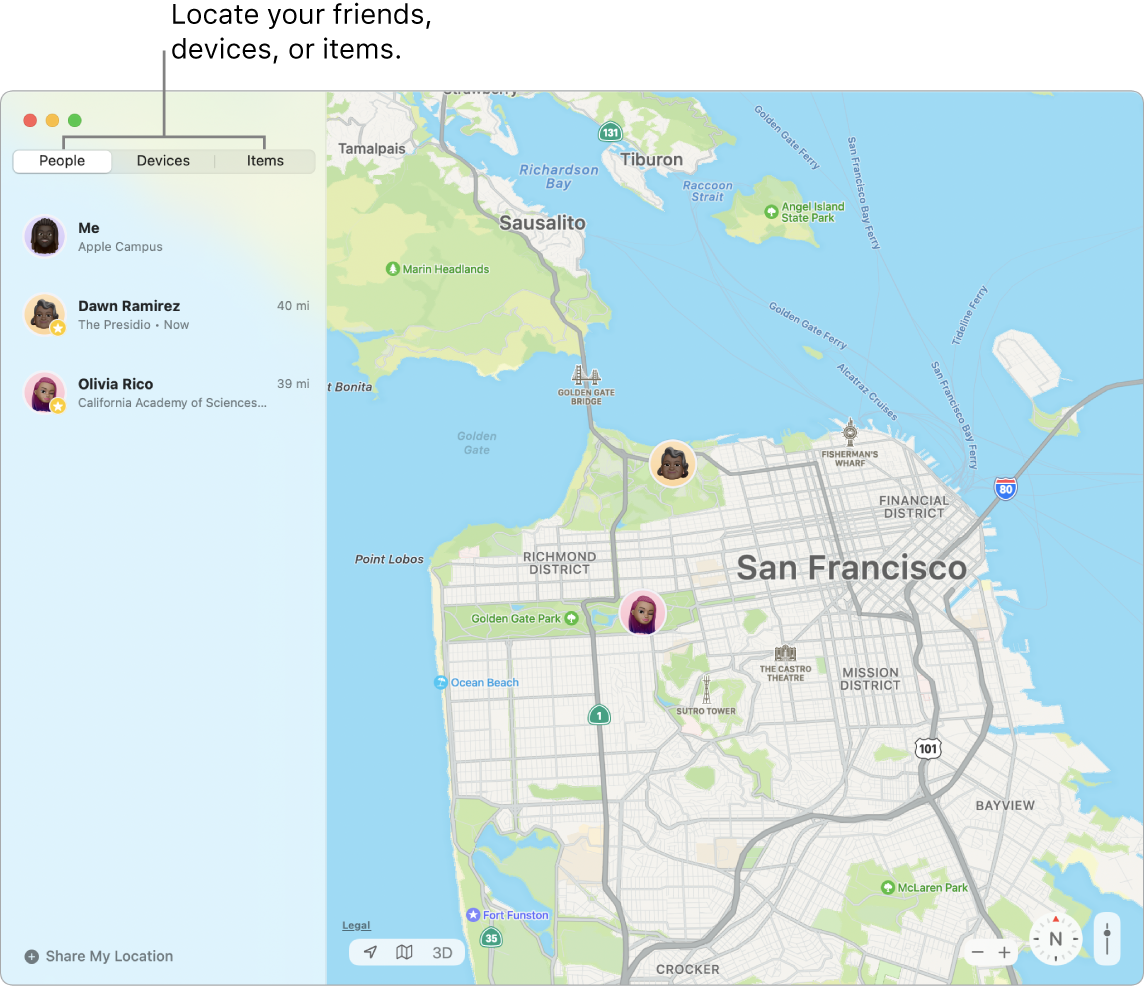 The People tab selected on the left and a map of San Francisco on the right with the locations of three friends.