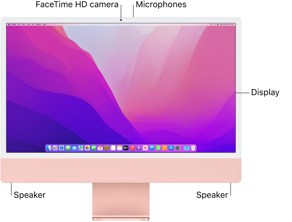 Front view of iMac showing the display, camera, microphones, and speakers.