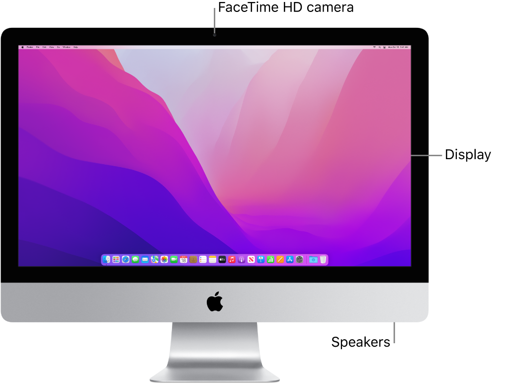 Front view of iMac showing the display, camera, and speakers.