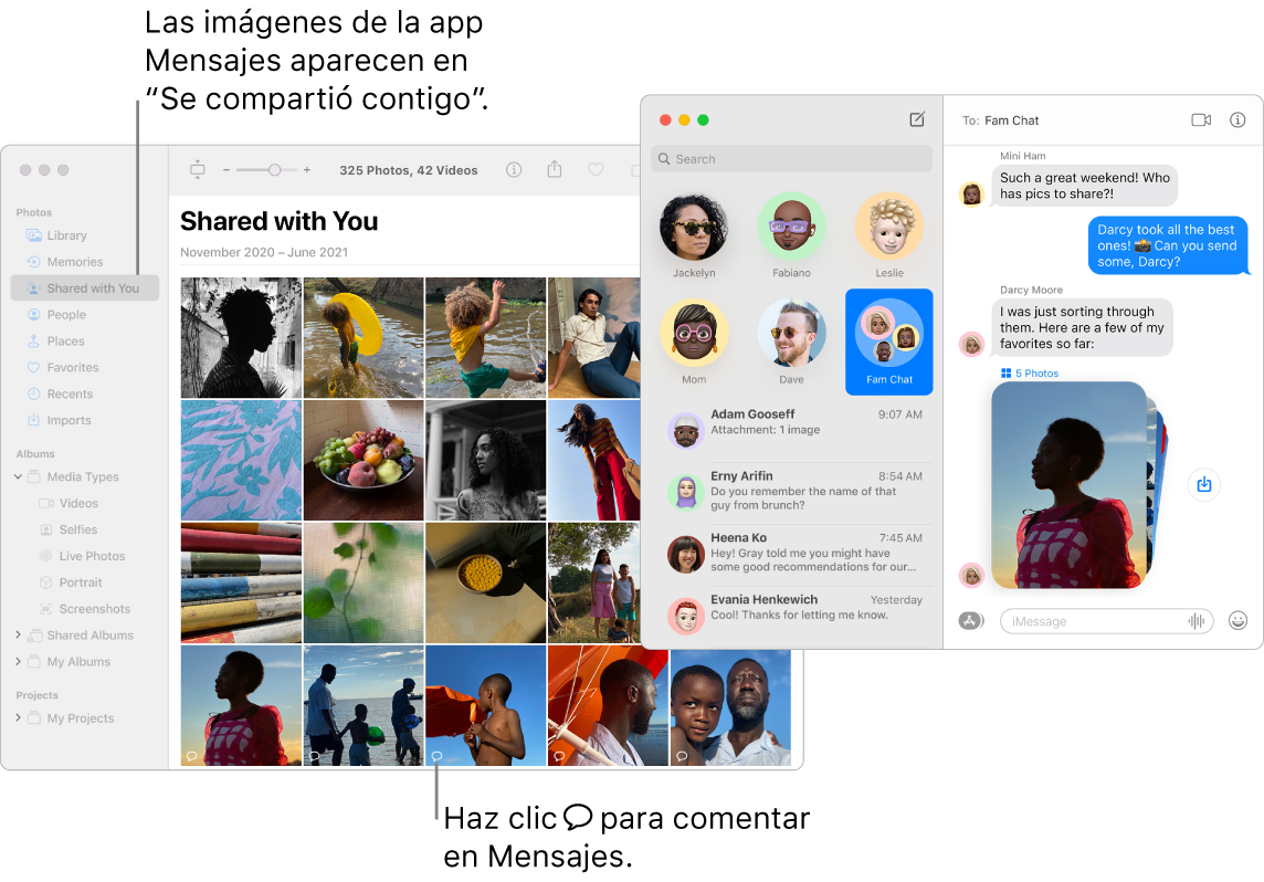 Una conversación de Mensajes en la parte derecha con una pila de fotos y la sección “Se compartió contigo” de una ventana de Fotos mostrando fotos compartidas desde la app Mensajes.