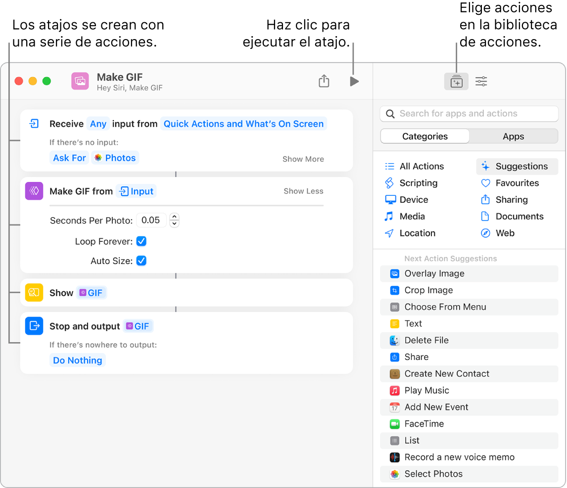 El editor de atajos “Crear GIF” en la parte izquierda y la biblioteca de acciones en la derecha.