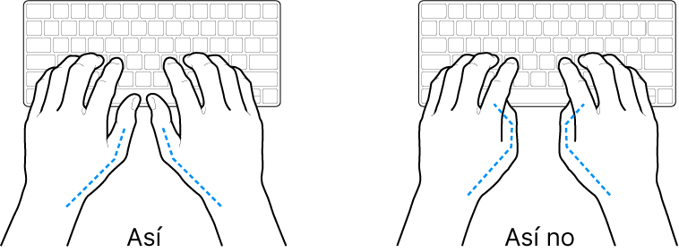 Manos posicionadas sobre un teclado, mostrando la alineación correcta e incorrecta de los pulgares.