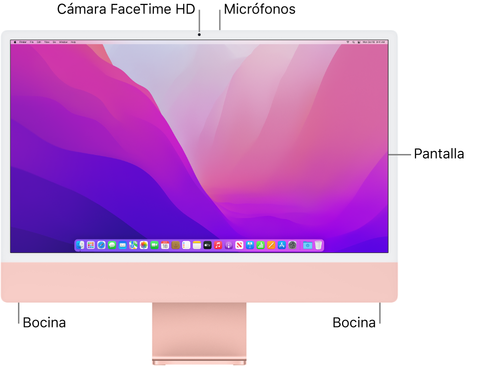 Vista frontal de la iMac mostrando la pantalla, la cámara, los micrófonos y los altavoces.