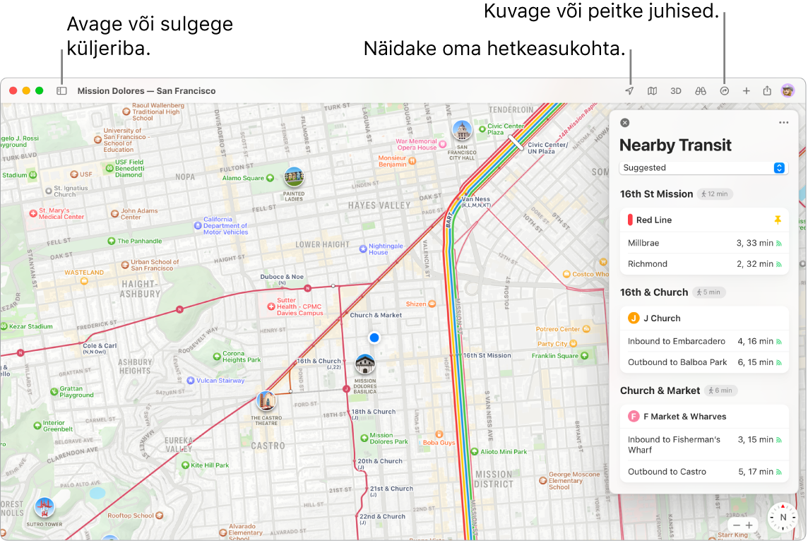 Mapsi aknas näidatakse, kuidas hankida küljeribal klõpsates juhiseid, kuidas küljeriba avada või sulgeda ning kuidas leida praegust asukohta kaardil.