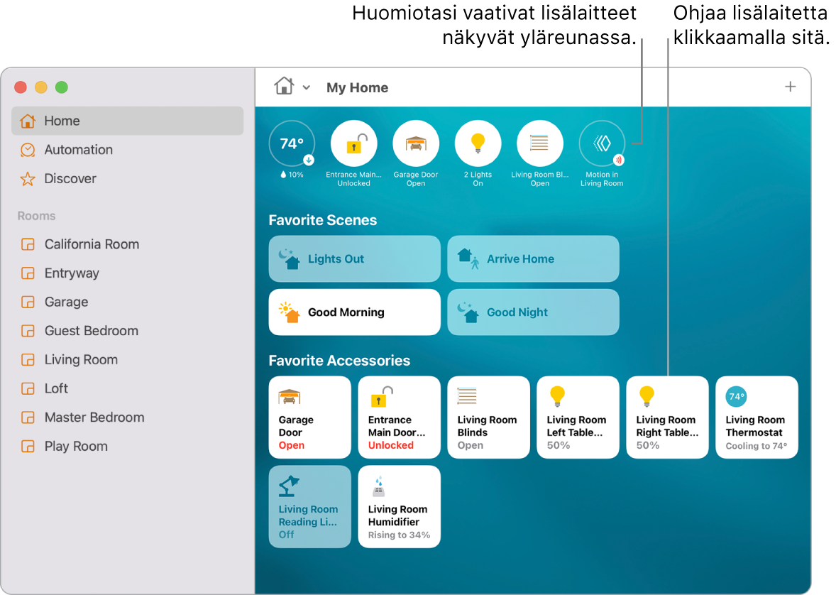 Koti-appi, jossa ovat suosikkitilanteet ja suosikkilisävarusteet.