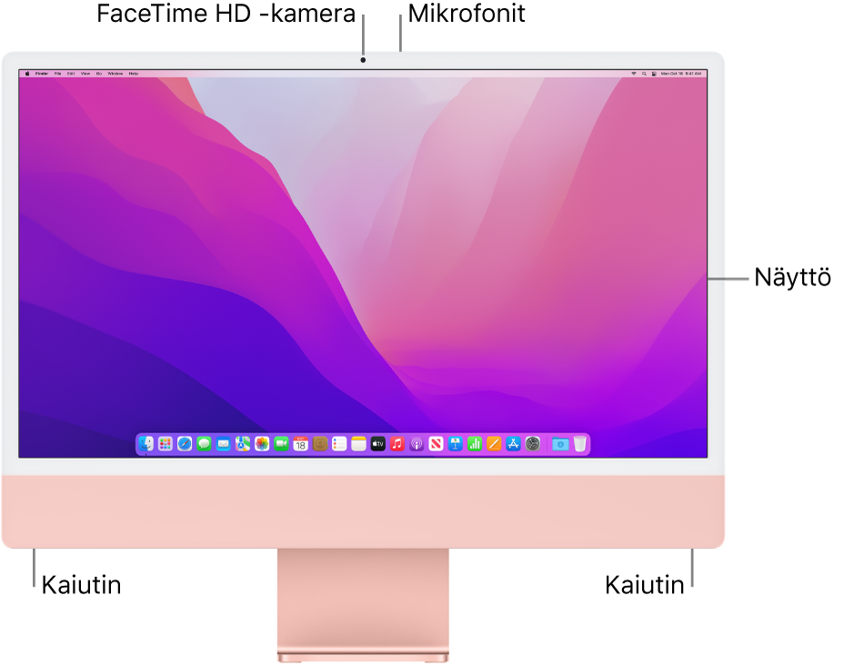 Näkymä iMacin etupuolelta, jossa näkyy näyttö, kamera, mikrofonit ja kaiuttimet.