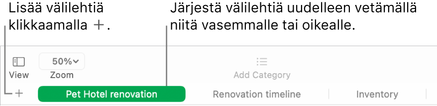 Numbers-ikkuna, jossa näkyy, miten lisätään uusi välilehti ja miten välilehdet järjestetään uudelleen.