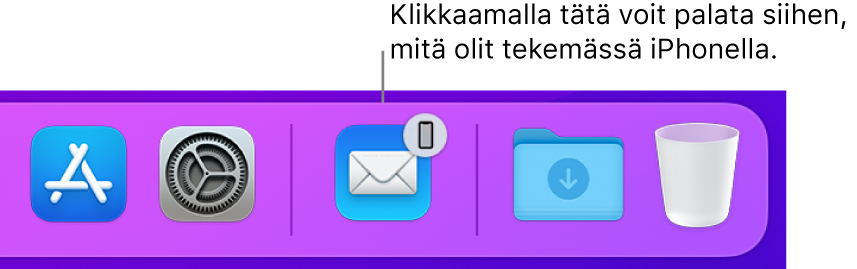Handoff-kuvake näkyvissä Dockissa.