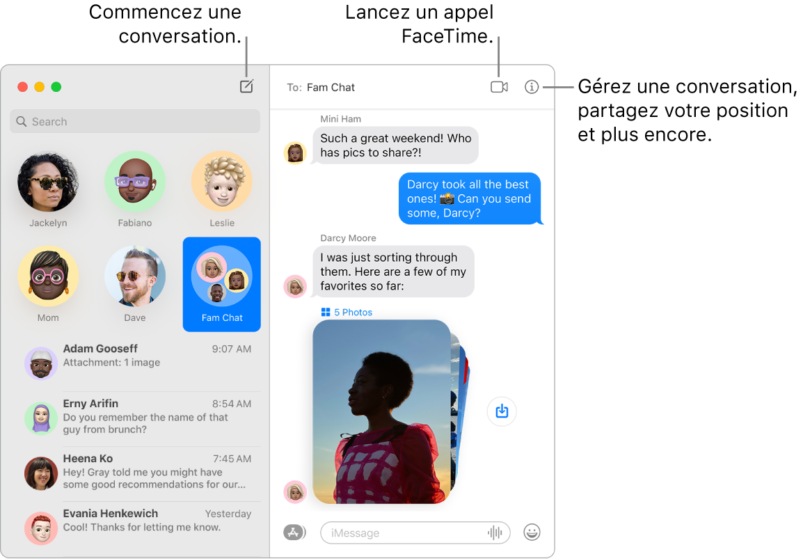 Une fenêtre de Messages montrant comment lancer une conversation et passer un appel FaceTime.