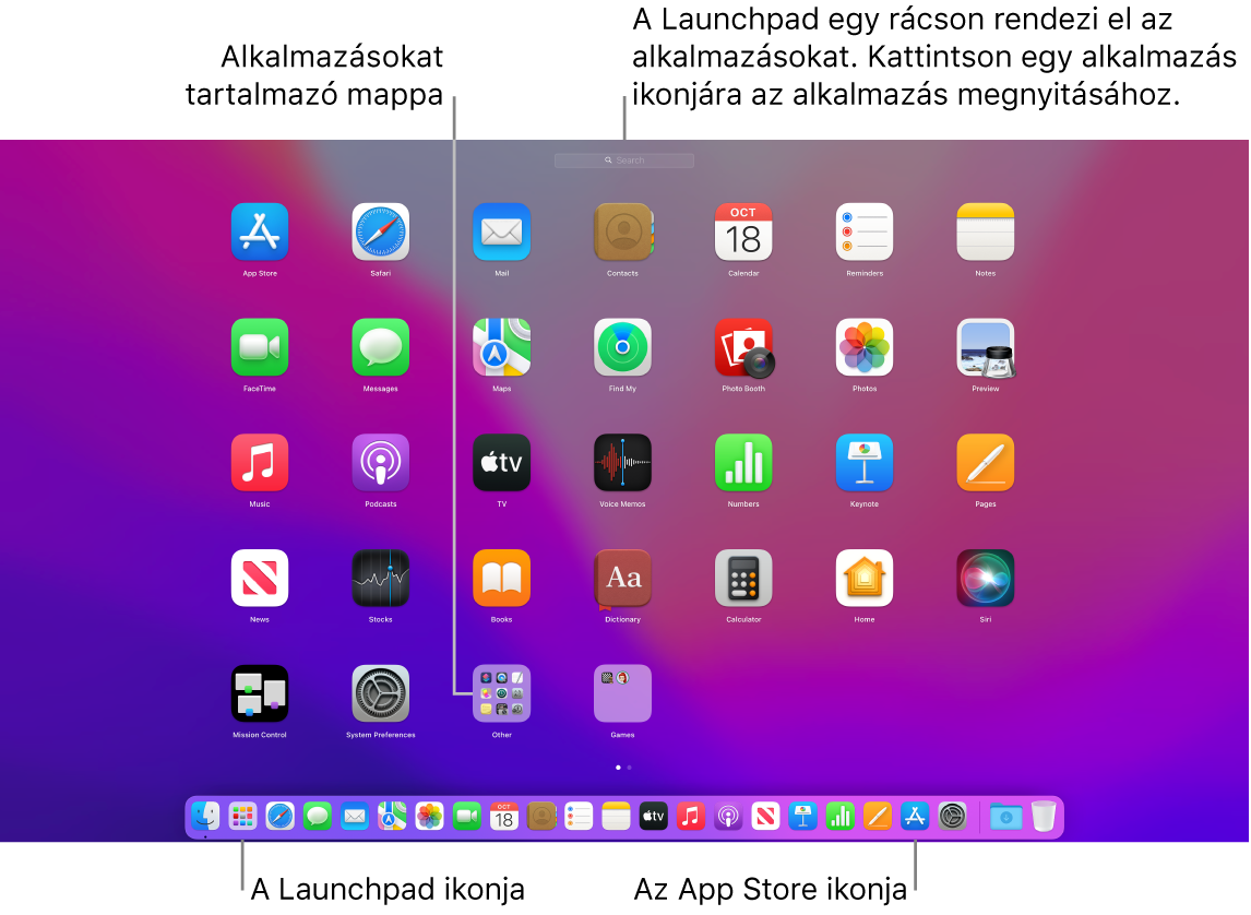 Egy Mac gép képernyője a megnyitott Launchpad alkalmazással, amelyben az alkalmazások mappája látható, valamint a Launchpad és az App Store ikonjaival a Dock területén.