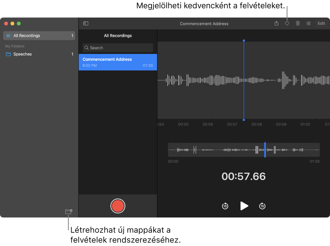 A Hangjegyzetek ablak, amelyben az látható, hogyan lehet létrehozni új mappákat vagy hogyan lehet felvételeket kedvencként megjelölni.