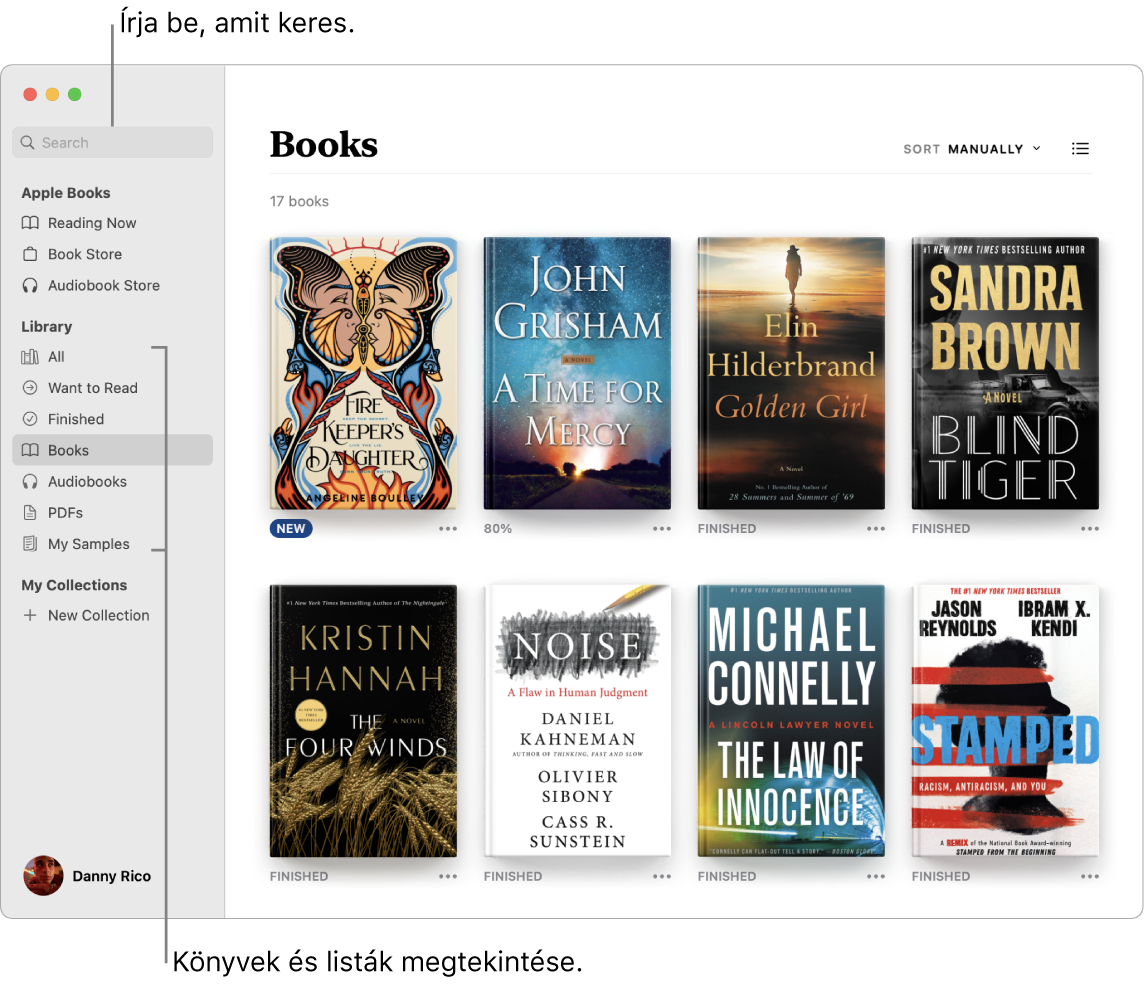 A Könyvek alkalmazás ablaka, amelyben látható a könyvek megtekintése, a válogatott tartalom áttekintése és a keresés.