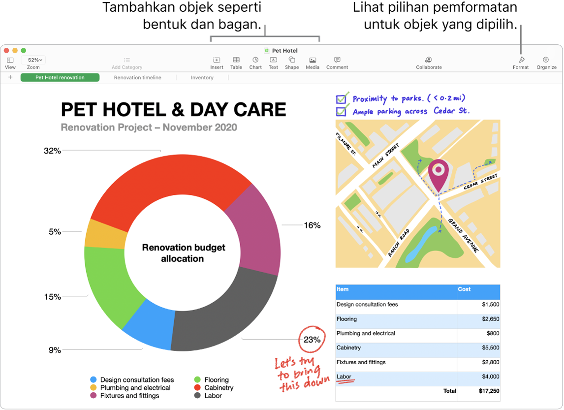 Jendela Numbers dengan bar alat dan alat pengeditannya di bagian atas, tombol Kolaborasi di dekat kanan atas, dan tombol Format serta Kelola di sebelah kanan. Bar samping Format membuka tab Bagan.