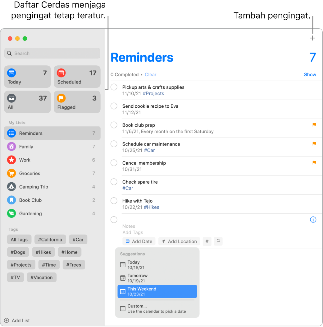 Jendela Pengingat dengan daftar cerdas di sebelah kiri dan pengingat lain serta daftar di bawah. Penunjuk terdapat di pengingat dan menu Saran terbuka dengan saran untuk Hari Ini, Besok, Akhir Pekan Ini, dan Khusus.