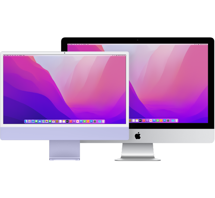 Dua layar iMac, salah satu di depan.