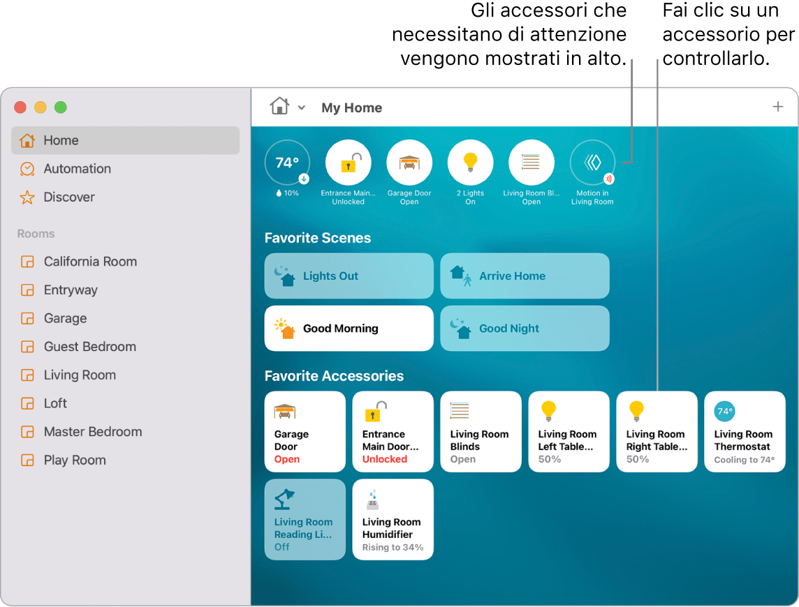 L'app Casa che mostra le scene e gli accessori preferiti.