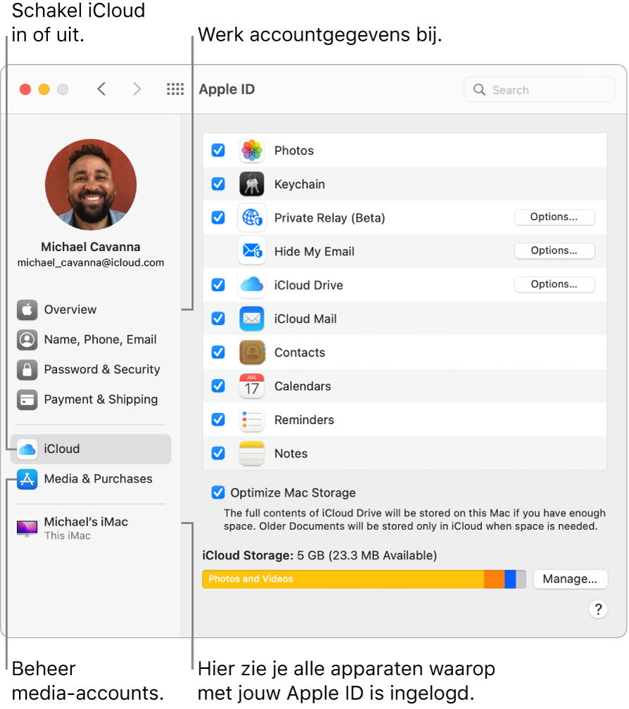 Het paneel 'Apple ID' in Systeemvoorkeuren. Klik op een onderdeel in de navigatiekolom om je accountgegevens bij te werken, iCloud in of uit te schakelen, media-accounts te beheren en alle apparaten te zien waarop je met je Apple ID bent ingelogd.