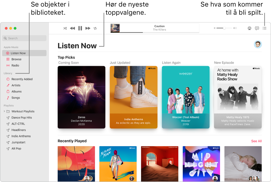 Et Musikk-appvindu som viser hvordan du kan vise biblioteket, lytte til Apple Music og se neste sang.