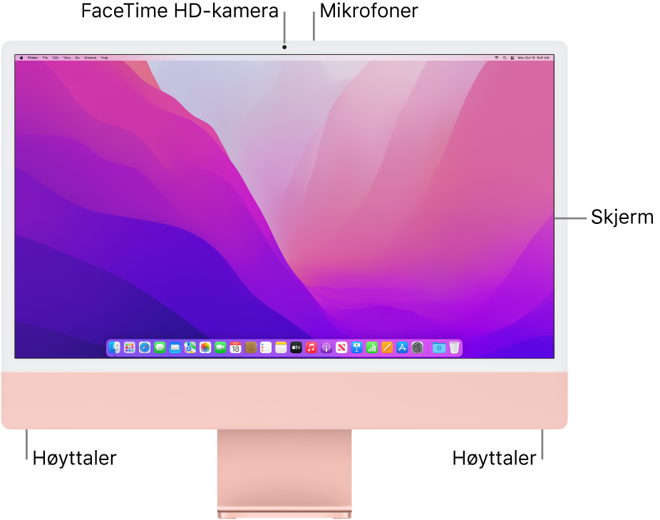 iMac vises forfra. Du ser skjermen, kameraet, mikrofonene og høyttalerne.