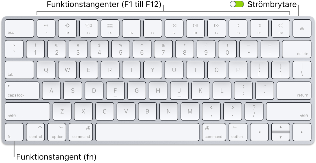 Magic Keyboard med funktionstangenten (fn) i det nedre vänstra hörnet och strömbrytaren i det övre högra hörnet av tangentbordet.