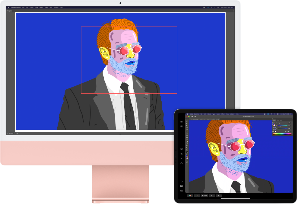 iMac และ iPad ตั้งอยู่ข้างกัน iMac แสดงงานศิลปะที่อยู่ในหน้าต่างการนำทางของ Illustrator iPad แสดงงานศิลปะเดียวกันในหน้าต่างเอกสารของ Illustrator และมีแถบเครื่องมืออยู่รอบๆ