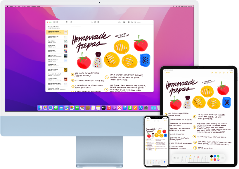 「備忘錄」App 中的購物清單在 iMac、iPhone 和 iPad 上顯示。