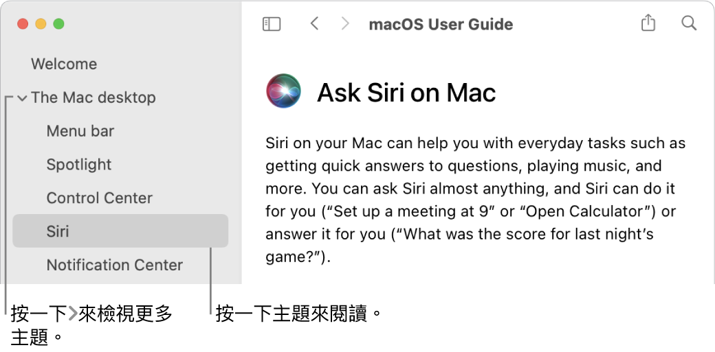 輔助說明檢視程式，顯示如何檢視側邊欄列出的主題以及如何顯示主題的內容。