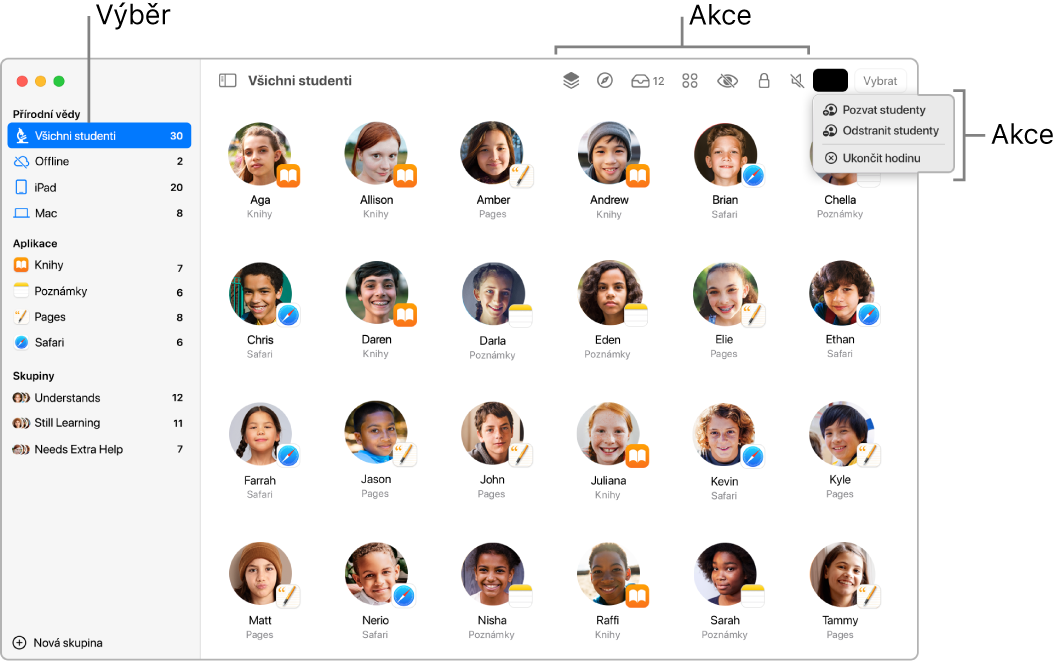Hlavní okno aplikace Třída na Macu; u horního okraje se zobrazují akce, které můžete provádět