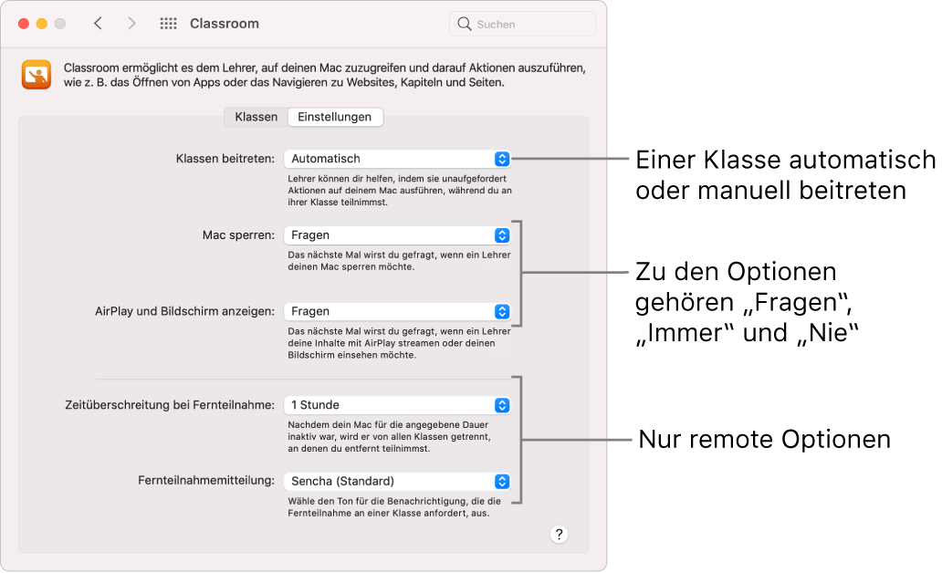 Darstellung für Schüler der in der App „Classroom“ festgelegten Berechtigungen, die ihnen zur Verfügung stehen.